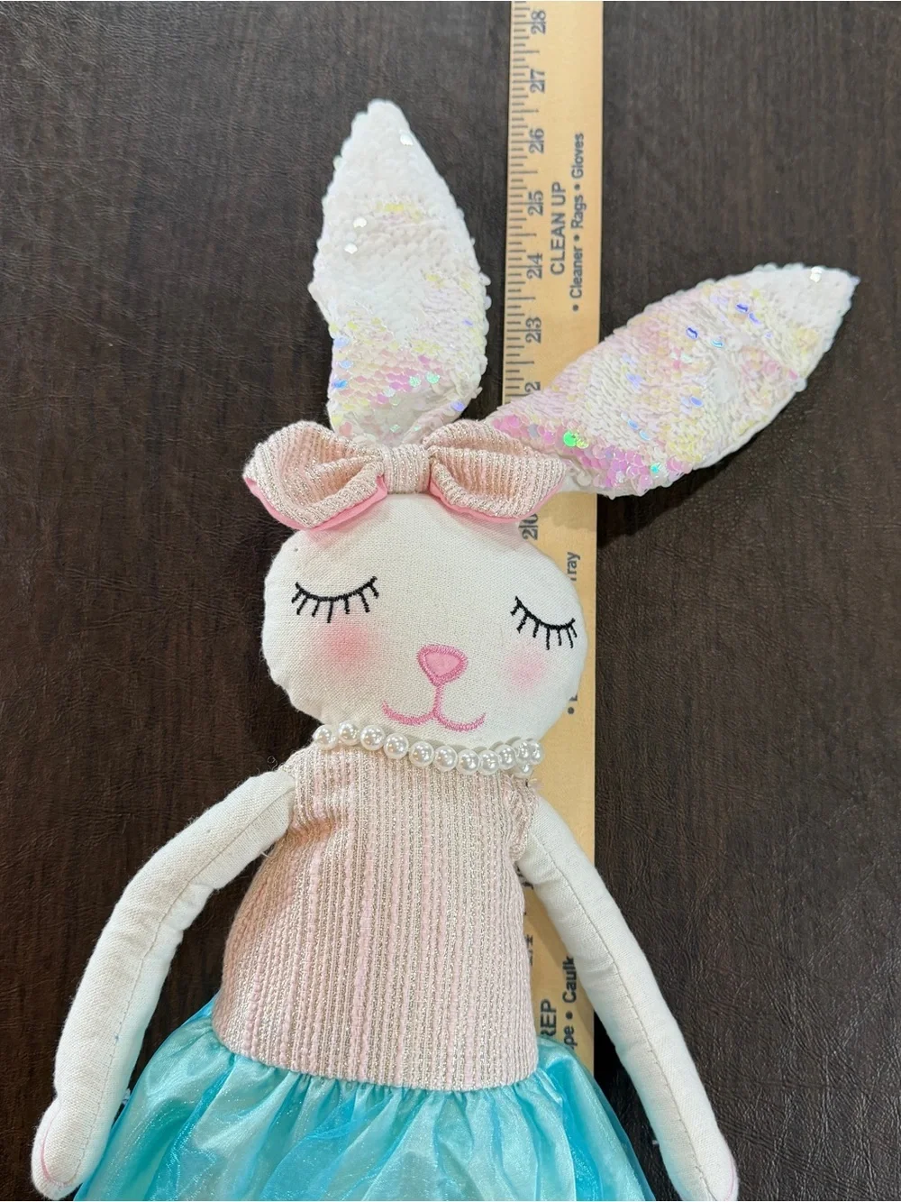 Plush Sitting Ballerina Bunny Doll with Aqua Tulle Skirt and Pink Bow